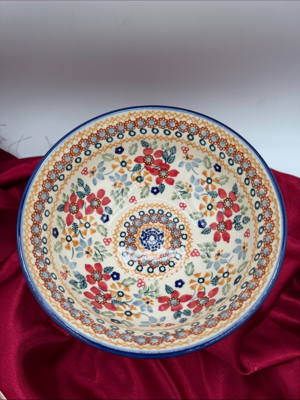 Unikat Polish Pottery Bowl. Marked Boleslawiec. Red blue green & yellow flowers